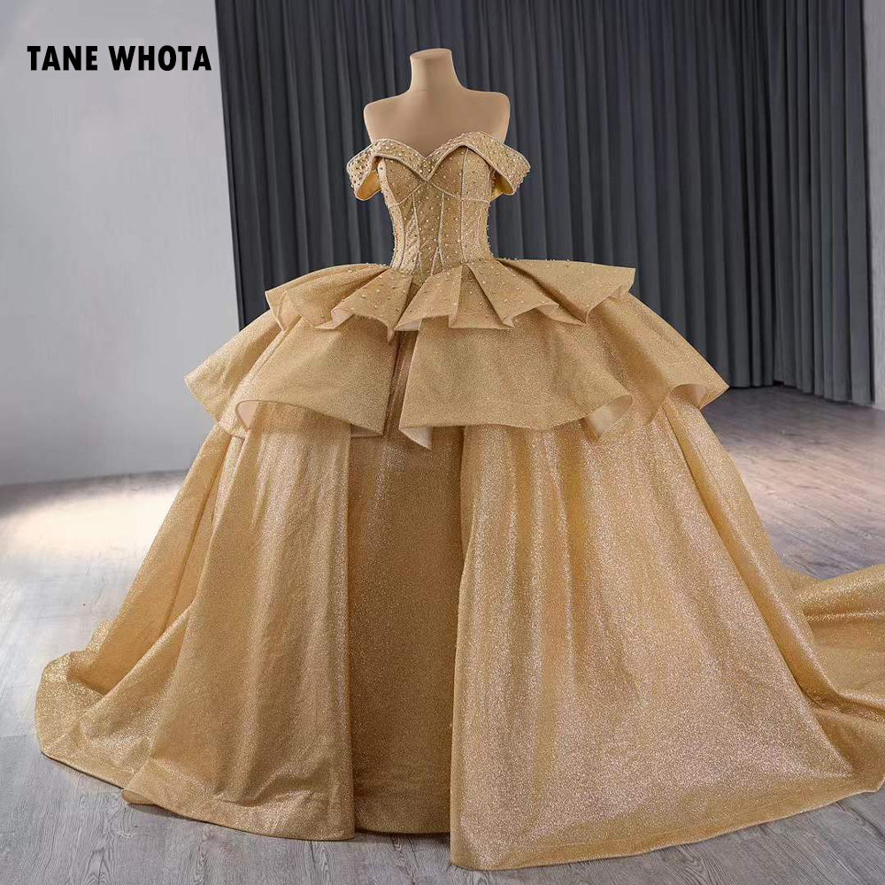 TW206 Vestido De 15 Anos Sweetheart Off Shoulder Lace Up Back Beading Crystal Yellow Long Dress For Special Occasions Customized