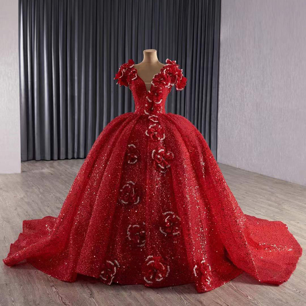 TW181 Vestidos De 15 Quinceañera 2025 Flower Lace Up Back Sequins Beading Red Bow Long Dress For Special Occasions