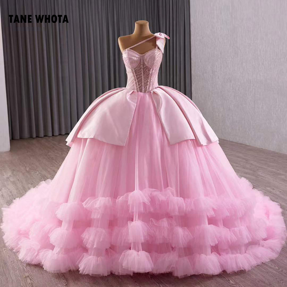 TW268 Vestido Quinceañera 2025 Luxury Spaghetti Straps Lace Up Back Sequined Customized Pink Long Dress For Special Occasions