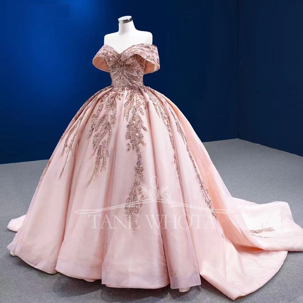 TW308 15 Quinceañera Sweetheart Off Shoulder Lace Up Back Embroidery Sequined Customized Pink Luxury Long Dress