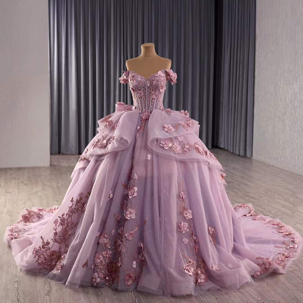 TW096 Vestidos De 15 Años Quinceañera Sweetheart Off Shoulder Bow Appliques Lace Up Back Purple Dress For Special Occasions