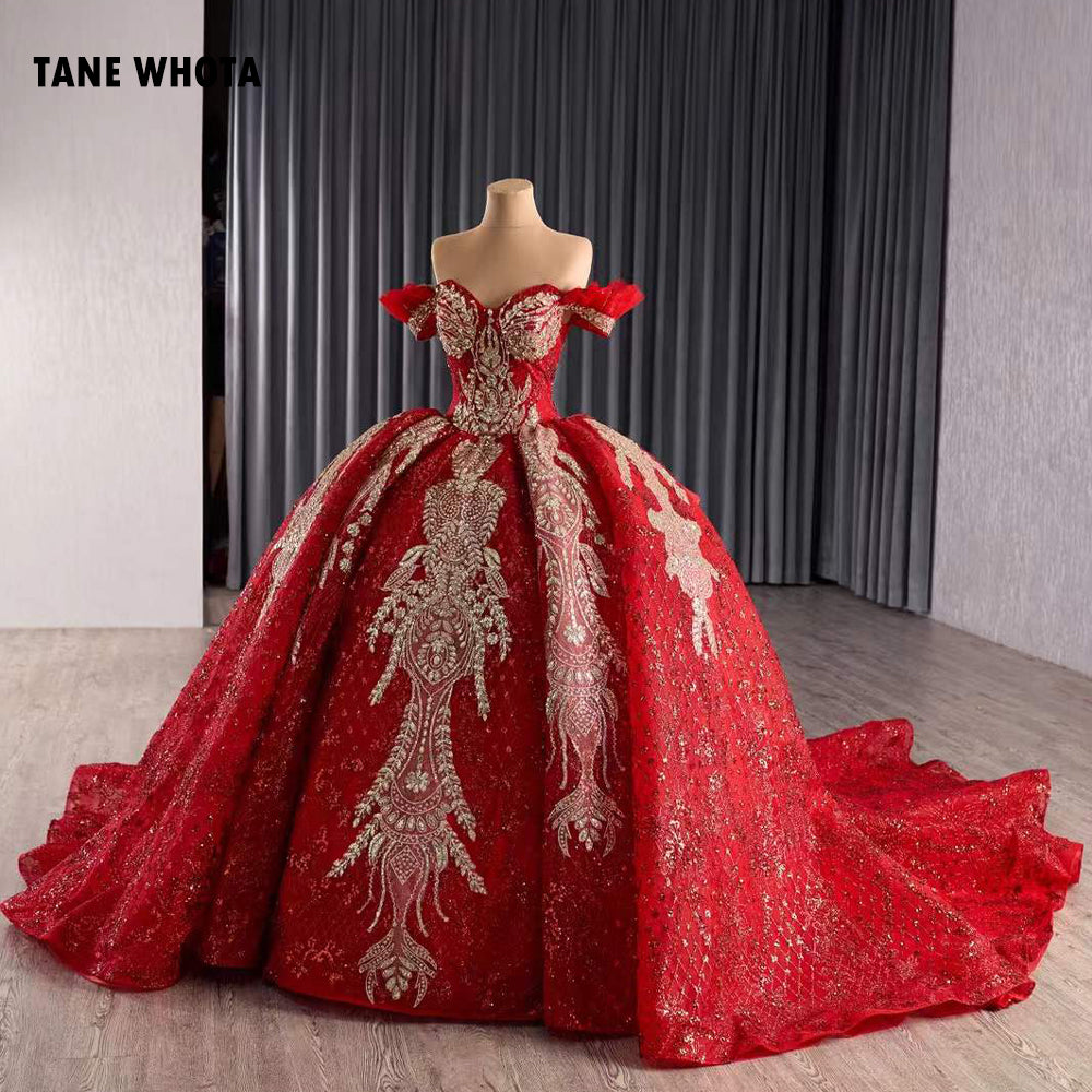 TW278 Vestidos De Quinceañera De Princesa 2025 Off Shoulder Sweetheart Lace Up Back Crystal Lace Red Long Evening Dress
