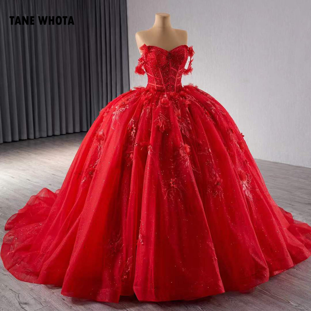 TW203 Red Quinceañera Sweetheart Off Shoulder Lace Up Back Appliques Beading Red Long Evening Dress For Special Occasions