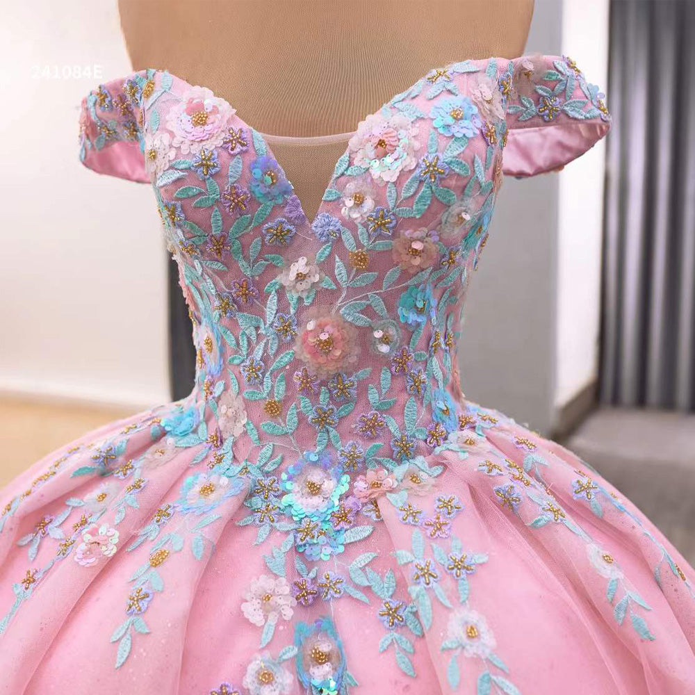 TW116 Vestido Quinceañeras Luxury Off Shoulder Sweetheart Appliques Lace Up Back Pink Long Dress For Special Occasions