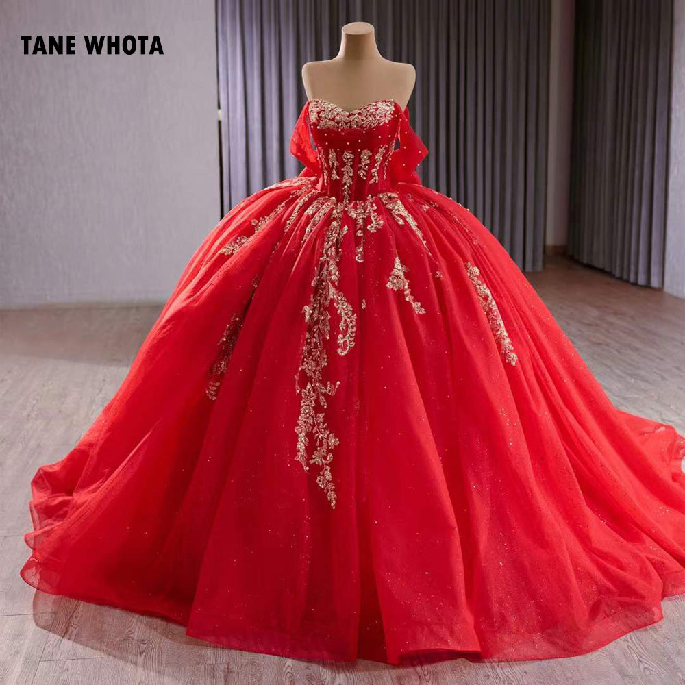 TW217 Red Vestidos Quinceañeras Princesas Luxury Off Shoulder Sweetheart Bow Lace Up Back Red Long Dress For Special Occasions