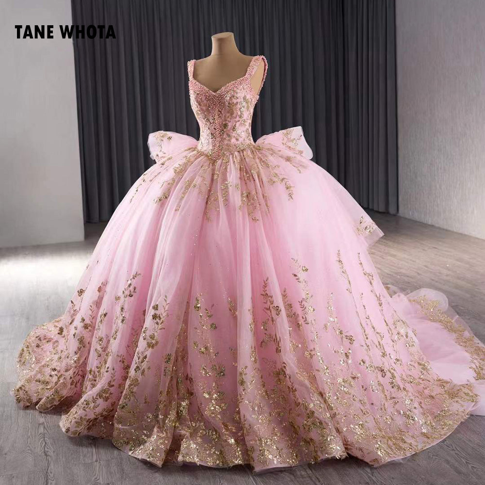 TW202 Vestidos De Quinceañeras Spaghetti Strapless Lace Up Back Sequined Beading Embroidery Pink Long Dress For Special Occasions