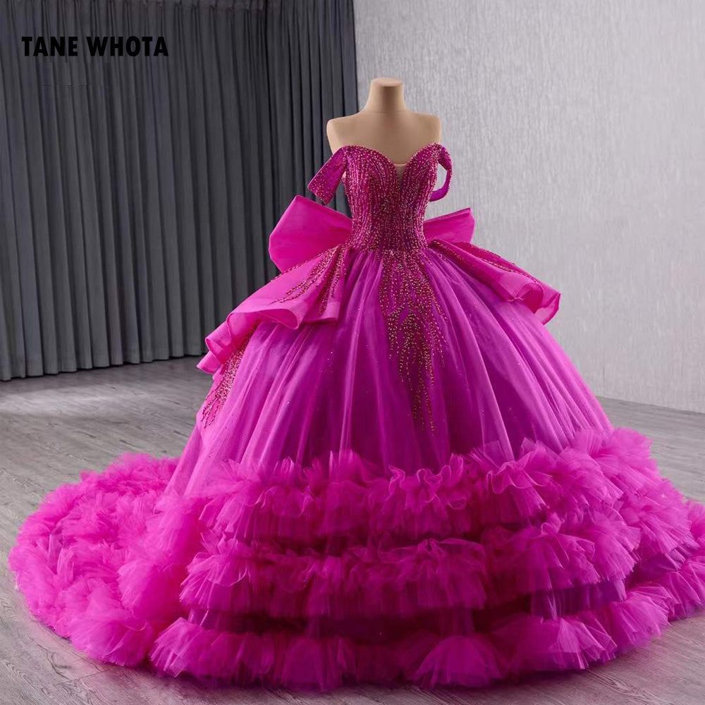 TW218 Vestido De 15 Anos Debutante Luxury Off Shoulder Sweetheart Beading Sequined Bow Lace Up Back Customized Rose Red Long Dress