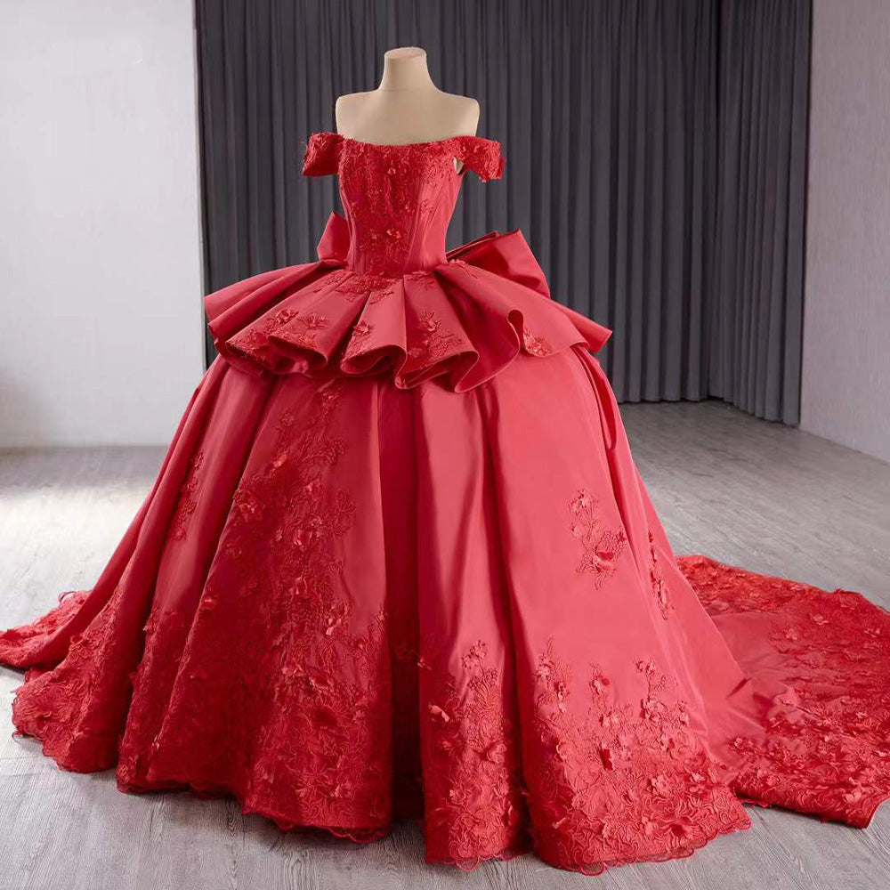 TW191 Vestidos Para Quinceañeras Luxury Off Shoulder Strapless Lace Up Back Red Flower Bow Long Dress For Special Occasions