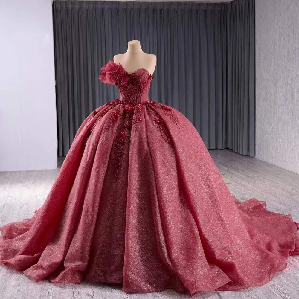 TW193 Vestido Para Quinceañera Luxury One Shoulder Flower Lace Up Back Beading Red Glitter Long Evening Dress For Special Occasions