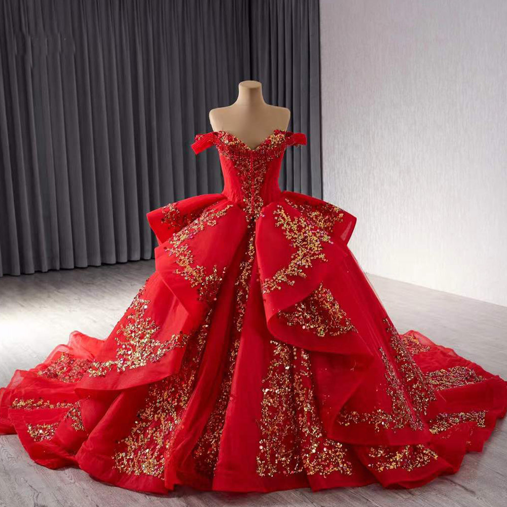 TW199 Vestidos Para 15 Quinceanera Off Shoulder Sweetheart Lace Up Back Sequined Red Customized Long Dress For Special Occasions