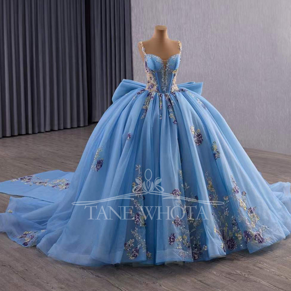 TW571 Customizable Sequined Embroidery Bow Prom Dress For 15 Quinceanera Spaghetti Straps Sleeveless Lace-Up Back Dress