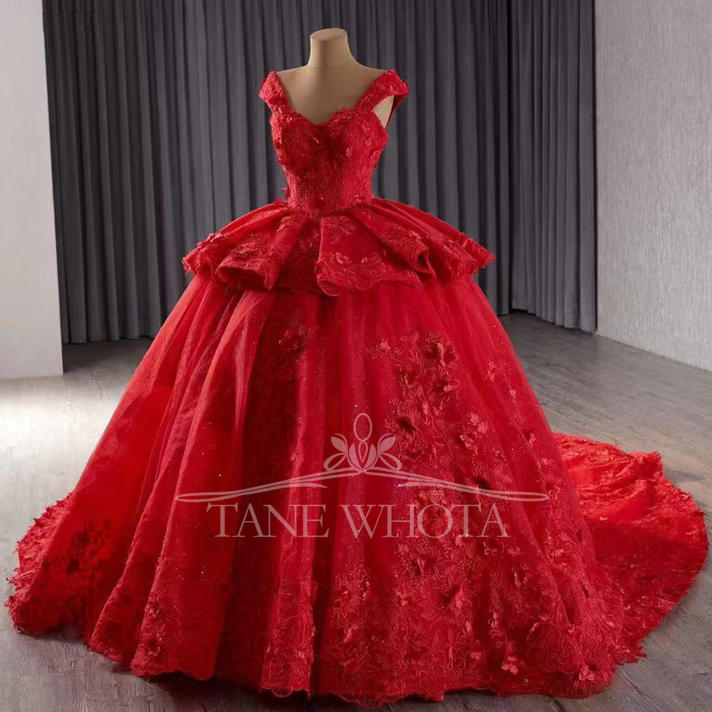 TW292 Quinceanera Dress Ball Gown Cap Sleeve Sweetheart Lace Up Back Embroidery Appliques Customized Red Long Dress