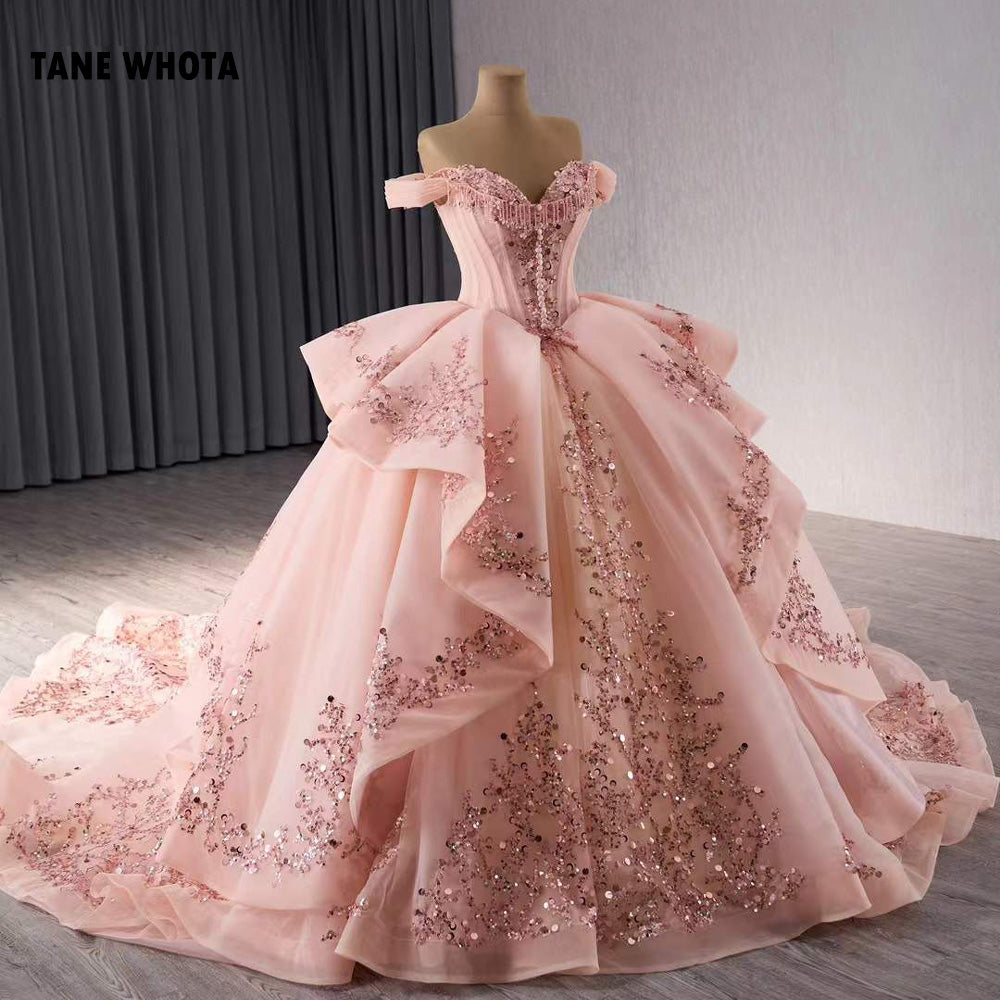 TW205 Vestido De Quinceañera Sweetheart Off Shoulder Lace Up Back Sequins Beading Pink Lace Long Dress For Occasions Dress