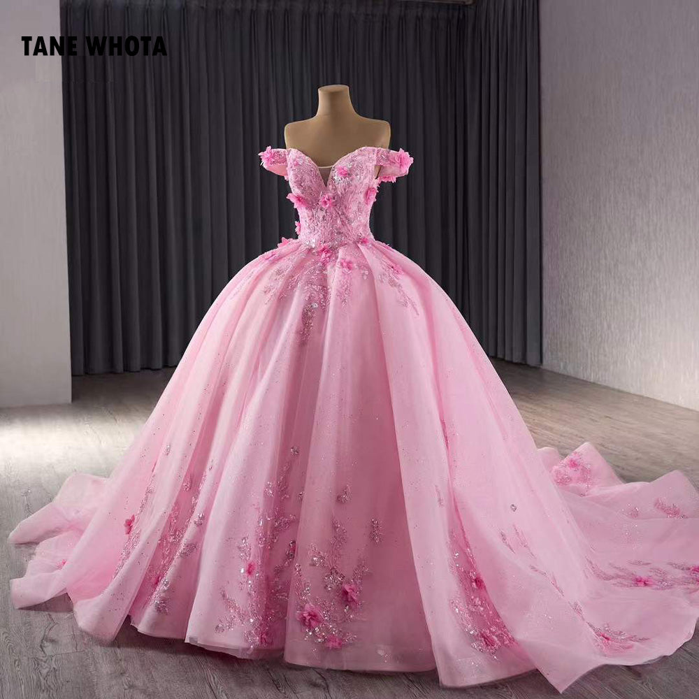 TW204 Quinceañera Dresses Sweetheart Off Shoulder Appliques Lace Up Back Sequined Beading Pink Long Dress For Special Occasions