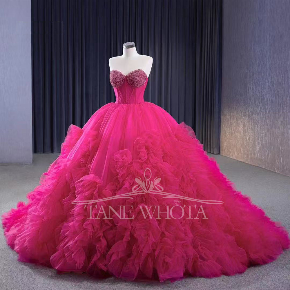 TW289 Vestido De Debutante 15 Anos Luxury Sweetheart Sleeveless Lace Up Back Beading Customized Rose Red Ball Gown Quinceanera Dress