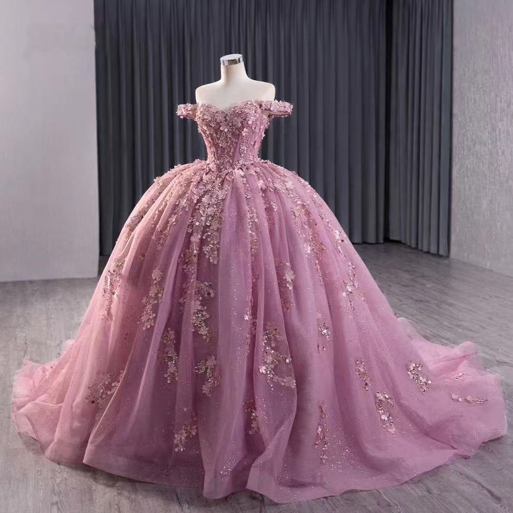 TW126 Vestidos De 15 Off Shoulder Sweetheart Appliques Sequined Lace Up Back Pink Luxury Long Dress For Special Occasions