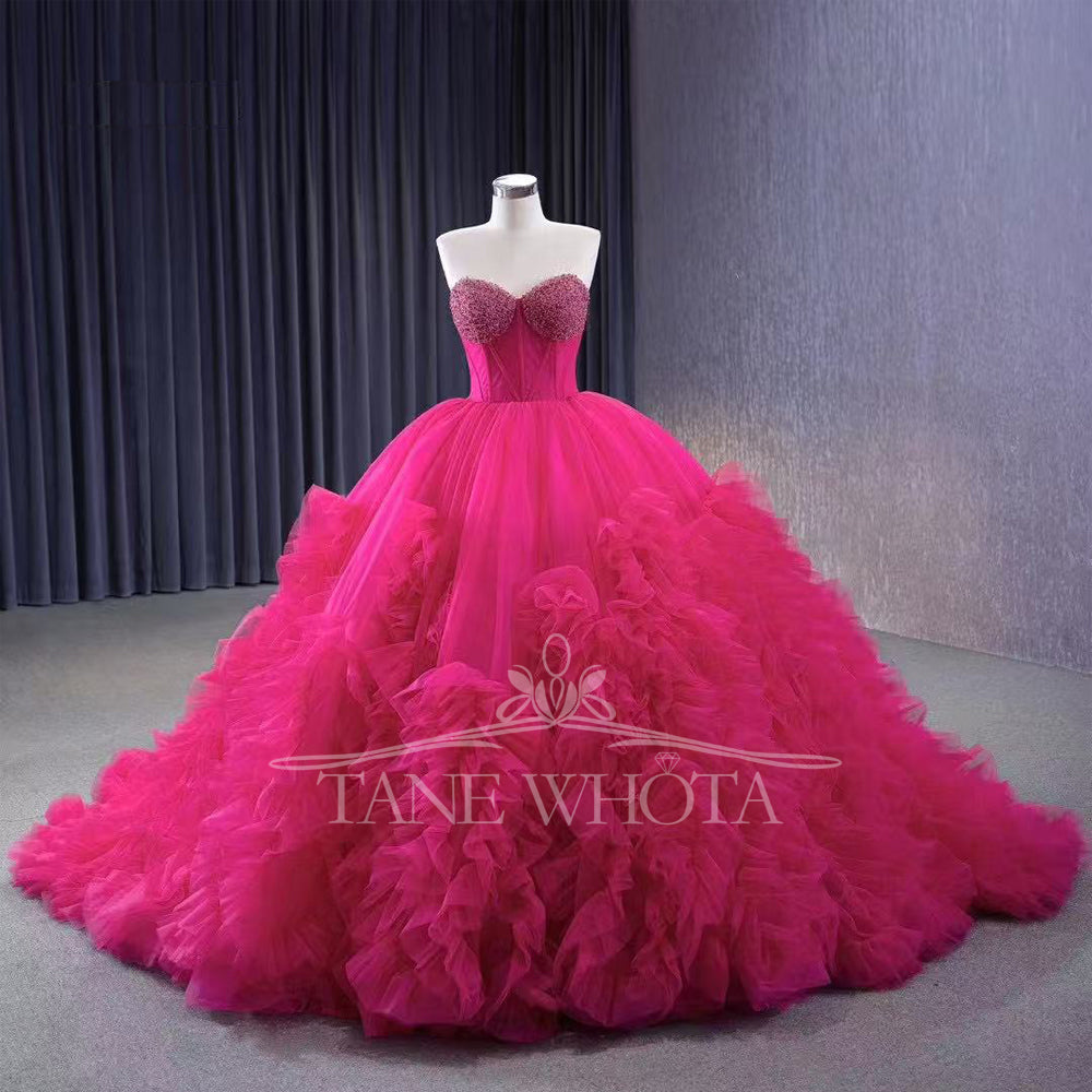 TW289 Vestido De Debutante 15 Anos Luxury Sweetheart Sleeveless Lace Up Back Beading Customized Rose Red Ball Gown Quinceanera Dress