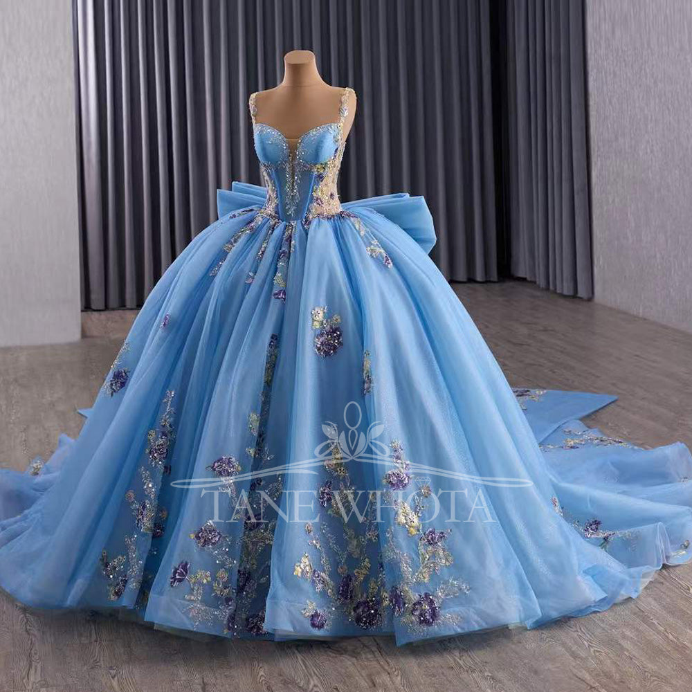 TW571 Customizable Sequined Embroidery Bow Prom Dress For 15 Quinceanera Spaghetti Straps Sleeveless Lace-Up Back Dress