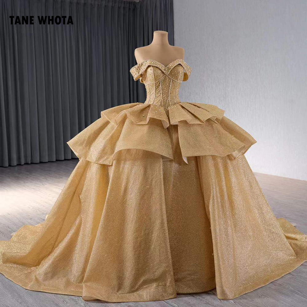 TW206 Vestido De 15 Anos Sweetheart Off Shoulder Lace Up Back Beading Crystal Yellow Long Dress For Special Occasions Customized