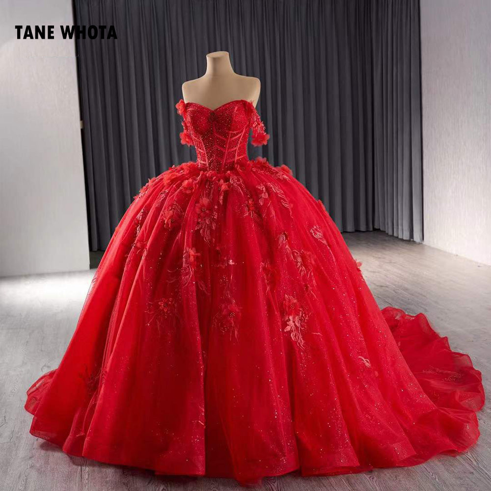 TW203 Red Quinceañera Sweetheart Off Shoulder Lace Up Back Appliques Beading Red Long Evening Dress For Special Occasions