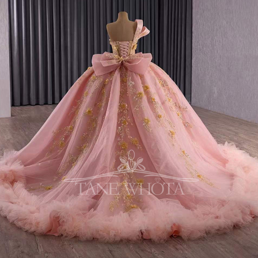 TW294 Vestido Quinceañera 2025 Luxury One Shoulder Sequins Lace Pink Ball Gown Flower Quinceanera Dress