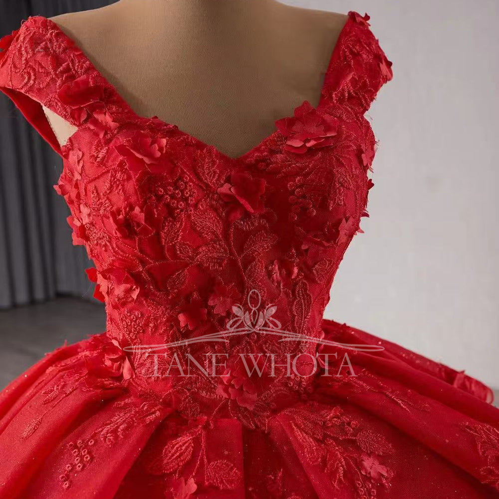 TW292 Quinceanera Dress Ball Gown Cap Sleeve Sweetheart Lace Up Back Embroidery Appliques Customized Red Long Dress