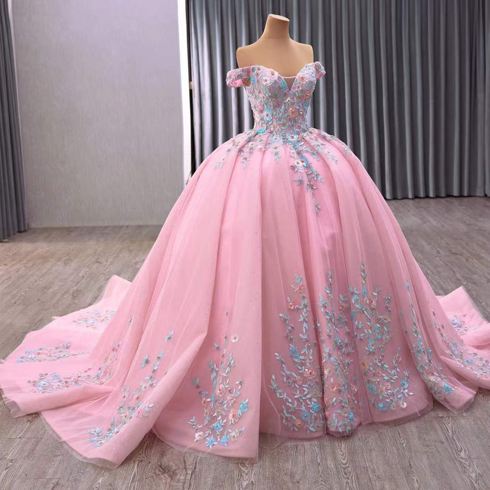 TW116 Vestido Quinceañeras Luxury Off Shoulder Sweetheart Appliques Lace Up Back Pink Long Dress For Special Occasions