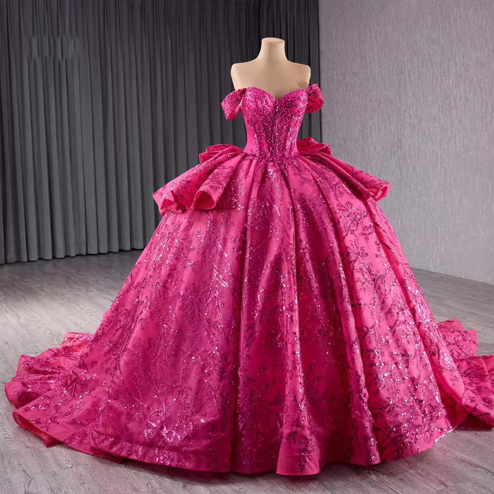 TW196 Vestidos 15 Años Quinceañera 2025 Luxury Off Shoulder Sweetheart Lace Up Back Rose Pink Beading Sequined Long Evening Dress