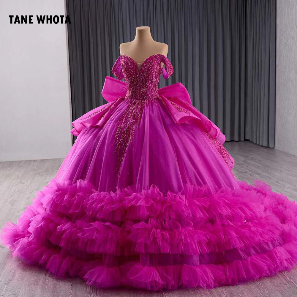 TW218 Vestido De 15 Anos Debutante Luxury Off Shoulder Sweetheart Beading Sequined Bow Lace Up Back Customized Rose Red Long Dress