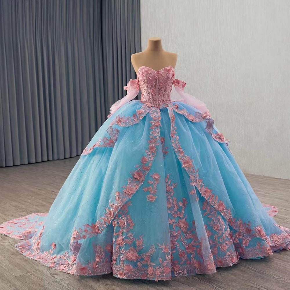 TW097 Vestidos De 15 Años Luxury 2025 Sweetheart Bow Appliques Lace Up Back Blue Pink Long Evening Prom Dress With Detachable Sleeves