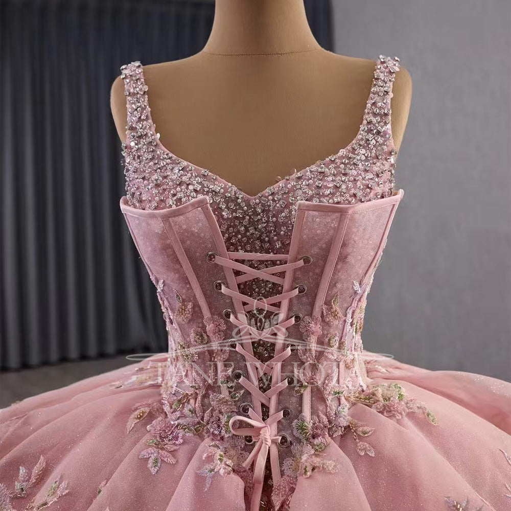 TW573 Customizable Pink Prom Dress Detachable Jacket Spaghetti Straps Lace-Up Back Beading Quinceanera Women's Special Occasion Gown