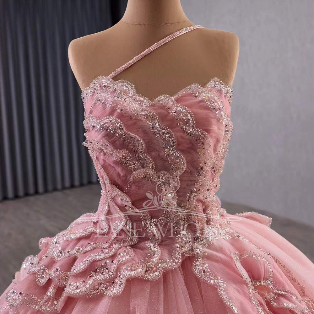 TW572 Vestidis Customizable Pink Prom Dress Quinceañera One-Shoulder Lace-Up Back Sequined Tiered Design For Women