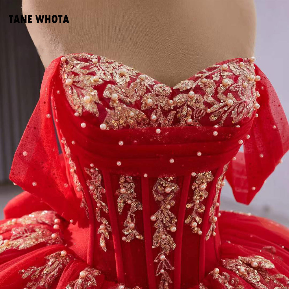 TW217 Red Vestidos Quinceañeras Princesas Luxury Off Shoulder Sweetheart Bow Lace Up Back Red Long Dress For Special Occasions