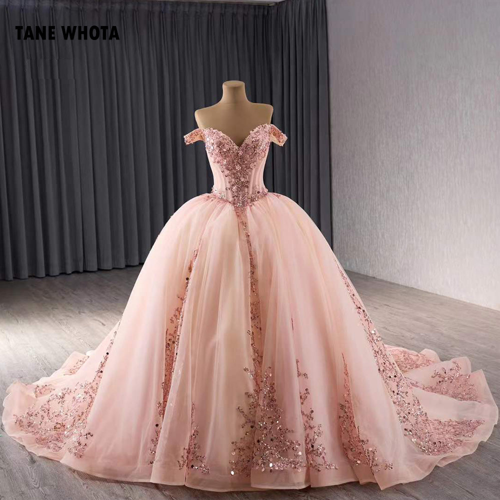 TW205 Vestido De Quinceañera Sweetheart Off Shoulder Lace Up Back Sequins Beading Pink Lace Long Dress For Occasions Dress