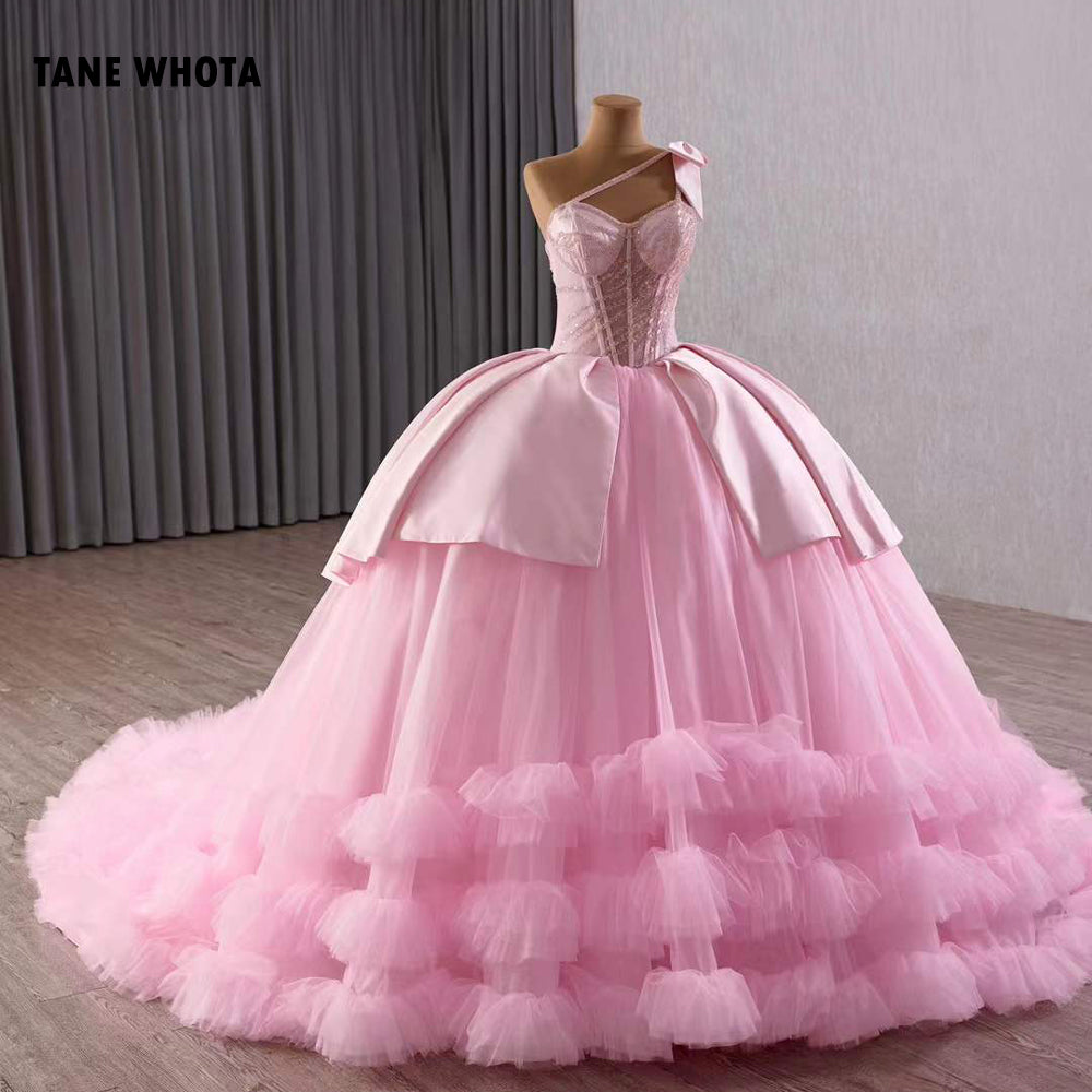 TW268 Vestido Quinceañera 2025 Luxury Spaghetti Straps Lace Up Back Sequined Customized Pink Long Dress For Special Occasions
