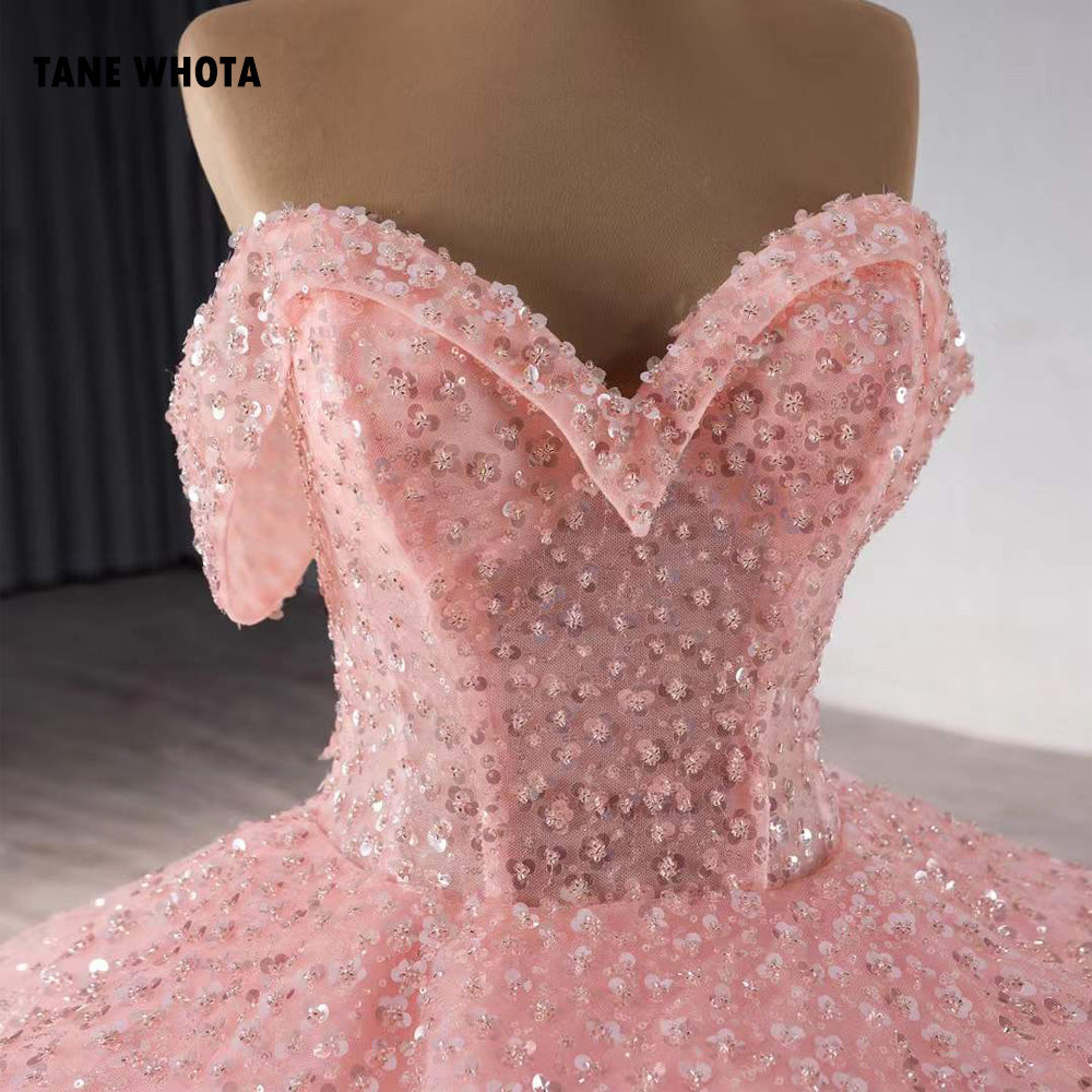 TW219 Vestido 15 Años Quinceañera Luxury Off Shoulder Sweetheart Sequined Beading Crystal Lace Up Back Customized Pink Long Dress