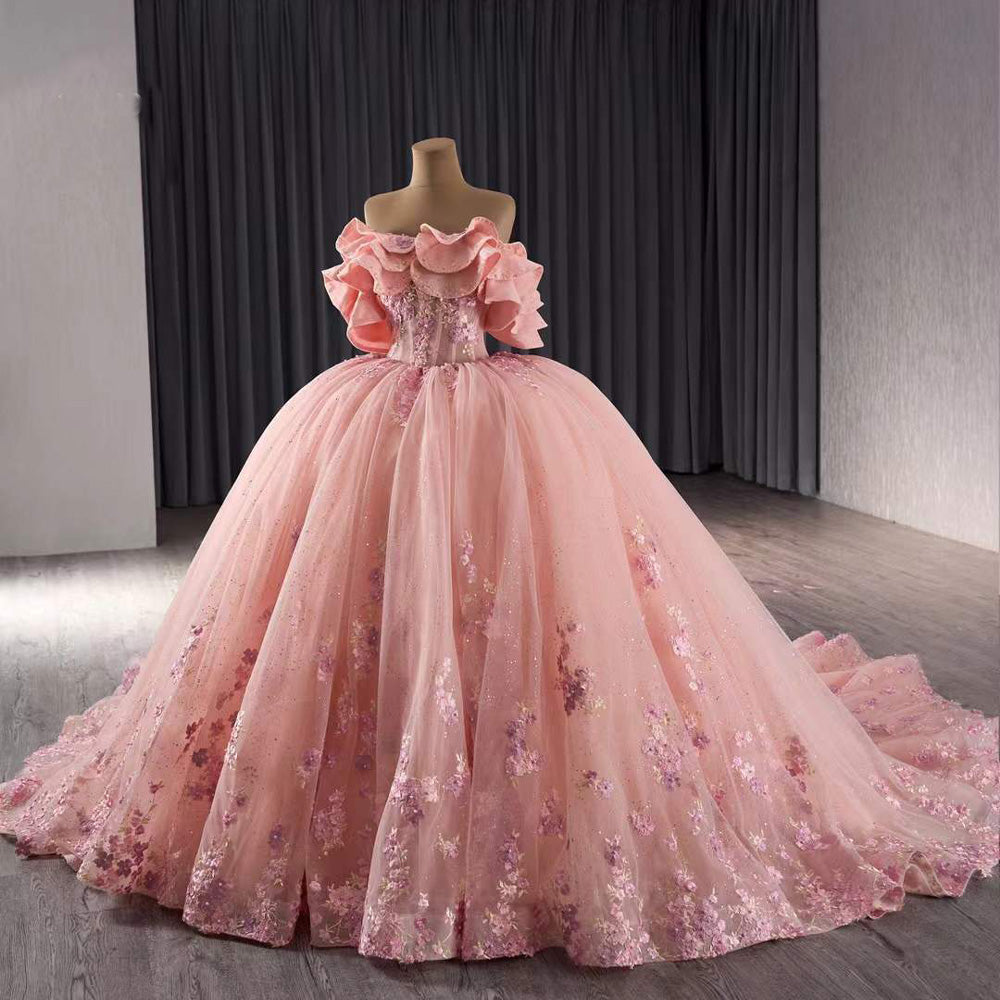 TW200 Vestidos 15 Quinceañera Lace Flower Off the Shoulder Lace Up Back Pink Ball Gown Long Formal Dress