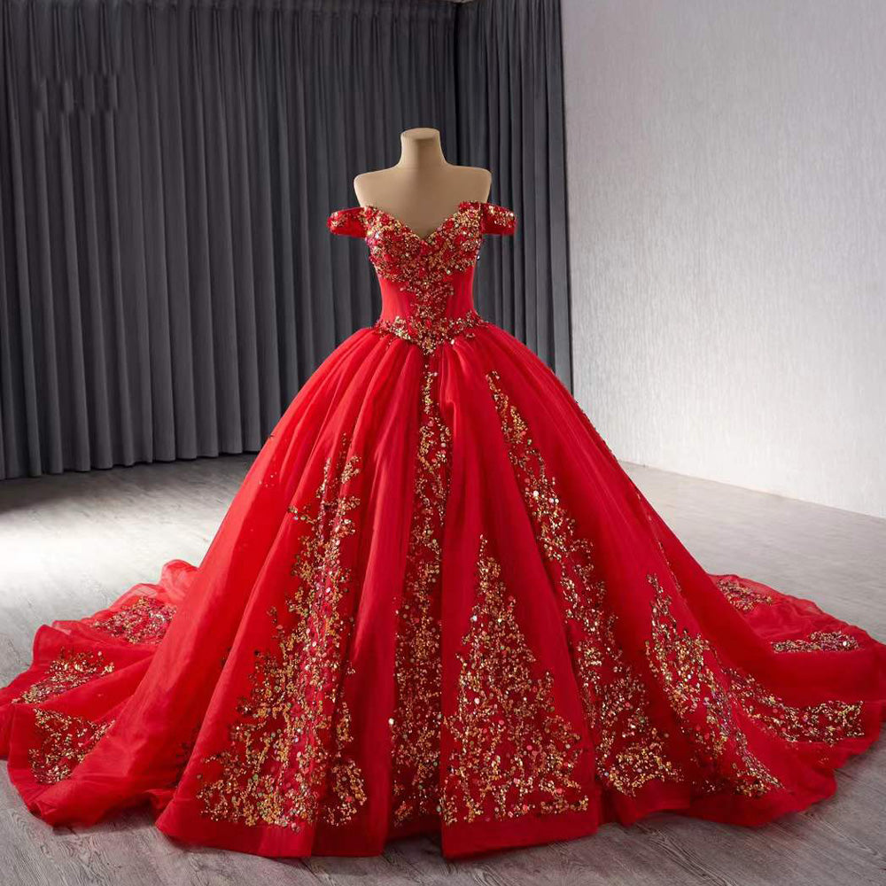 TW199 Vestidos Para 15 Quinceanera Off Shoulder Sweetheart Lace Up Back Sequined Red Customized Long Dress For Special Occasions