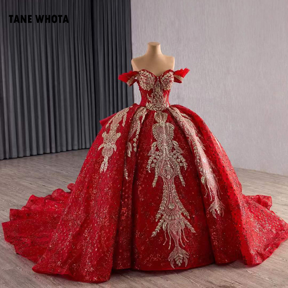 TW278 Vestidos De Quinceañera De Princesa 2025 Off Shoulder Sweetheart Lace Up Back Crystal Lace Red Long Evening Dress