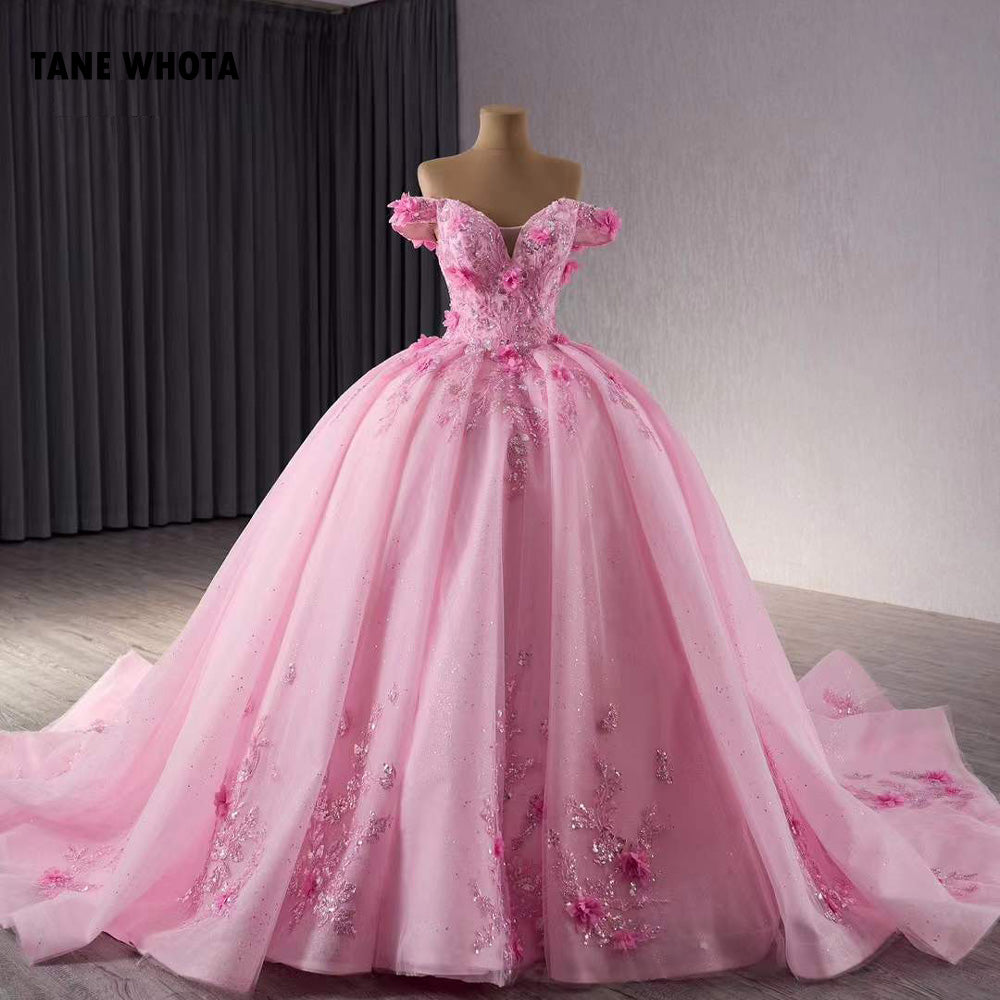 TW204 Quinceañera Dresses Sweetheart Off Shoulder Appliques Lace Up Back Sequined Beading Pink Long Dress For Special Occasions