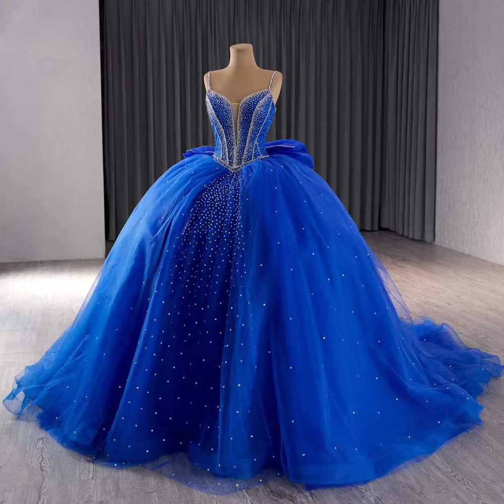 TW201 Vestido Quinceañera Spaghetti Straps Lace Up Back Sequined Beading Blue Bow Long Dress For Special Occasions Customized