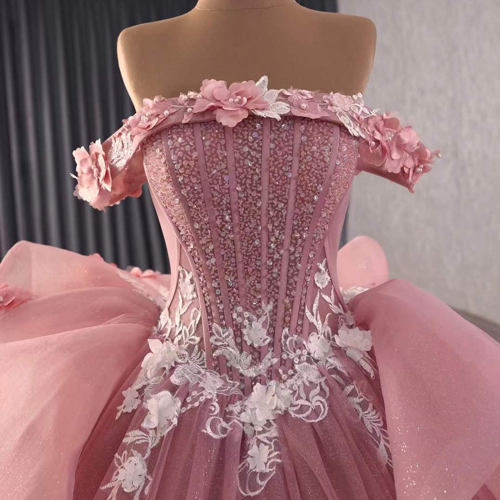 TW095 Quinceanera Dresses Luxury 2025 Off Shoulder Strapless Appliques Lace Up Back Pink Long Dress For Special Occasions