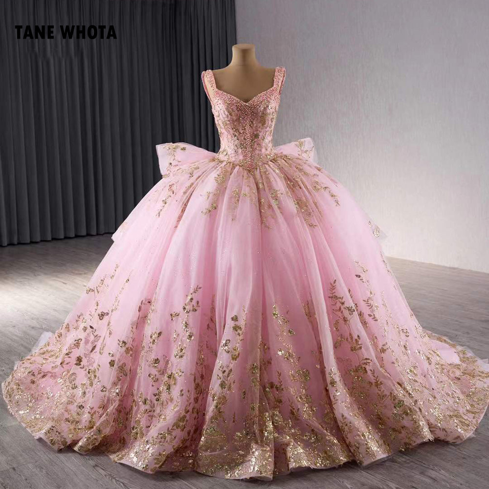 TW202 Vestidos De Quinceañeras Spaghetti Strapless Lace Up Back Sequined Beading Embroidery Pink Long Dress For Special Occasions