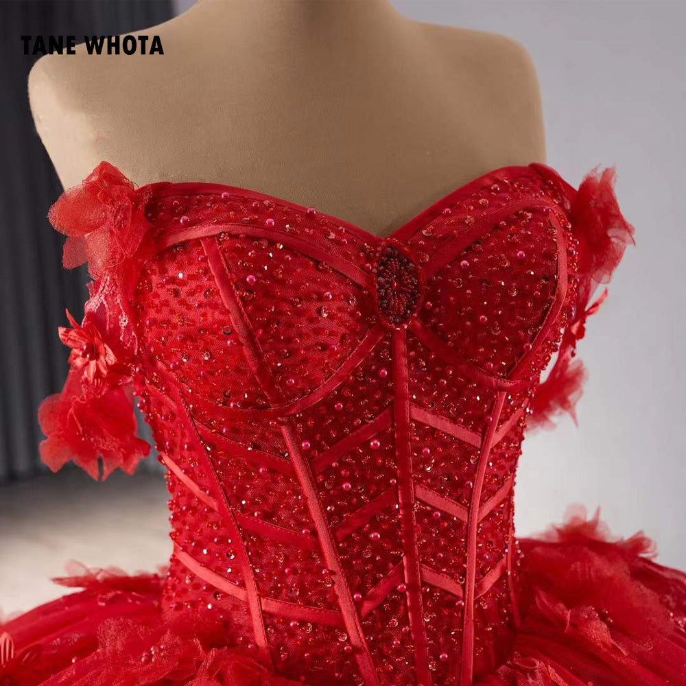 TW203 Red Quinceañera Sweetheart Off Shoulder Lace Up Back Appliques Beading Red Long Evening Dress For Special Occasions