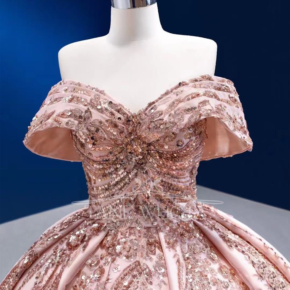 TW308 15 Quinceañera Sweetheart Off Shoulder Lace Up Back Embroidery Sequined Customized Pink Luxury Long Dress