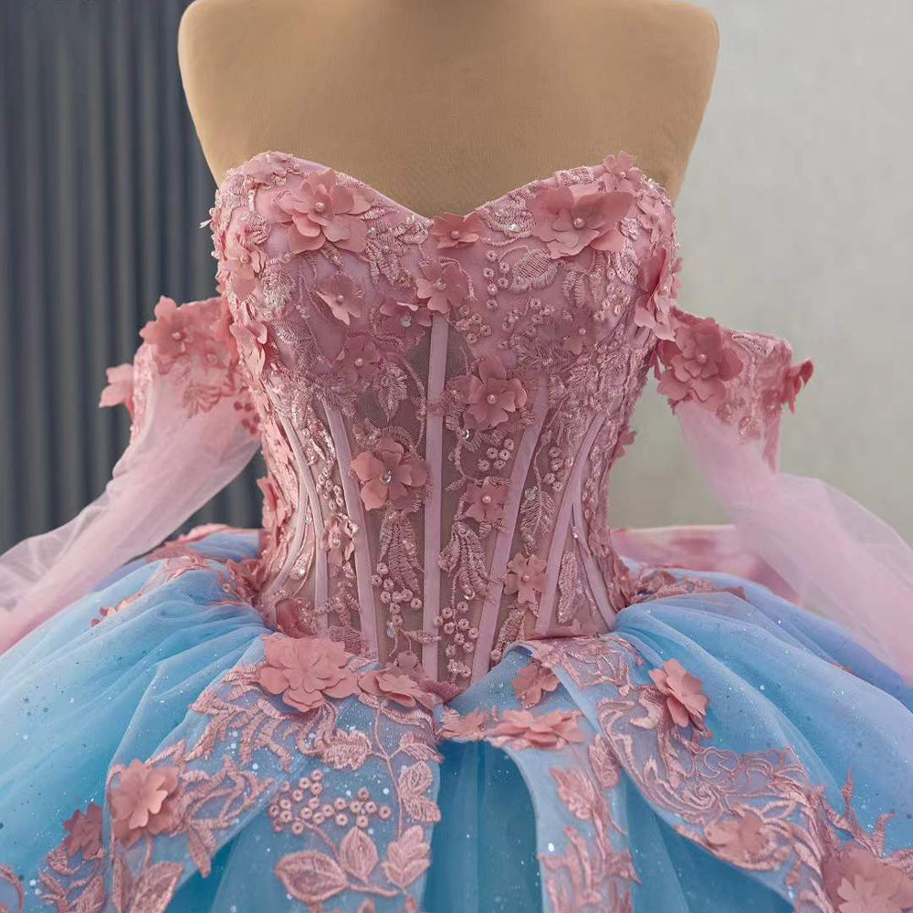 TW097 Vestidos De 15 Años Luxury 2025 Sweetheart Bow Appliques Lace Up Back Blue Pink Long Evening Prom Dress With Detachable Sleeves