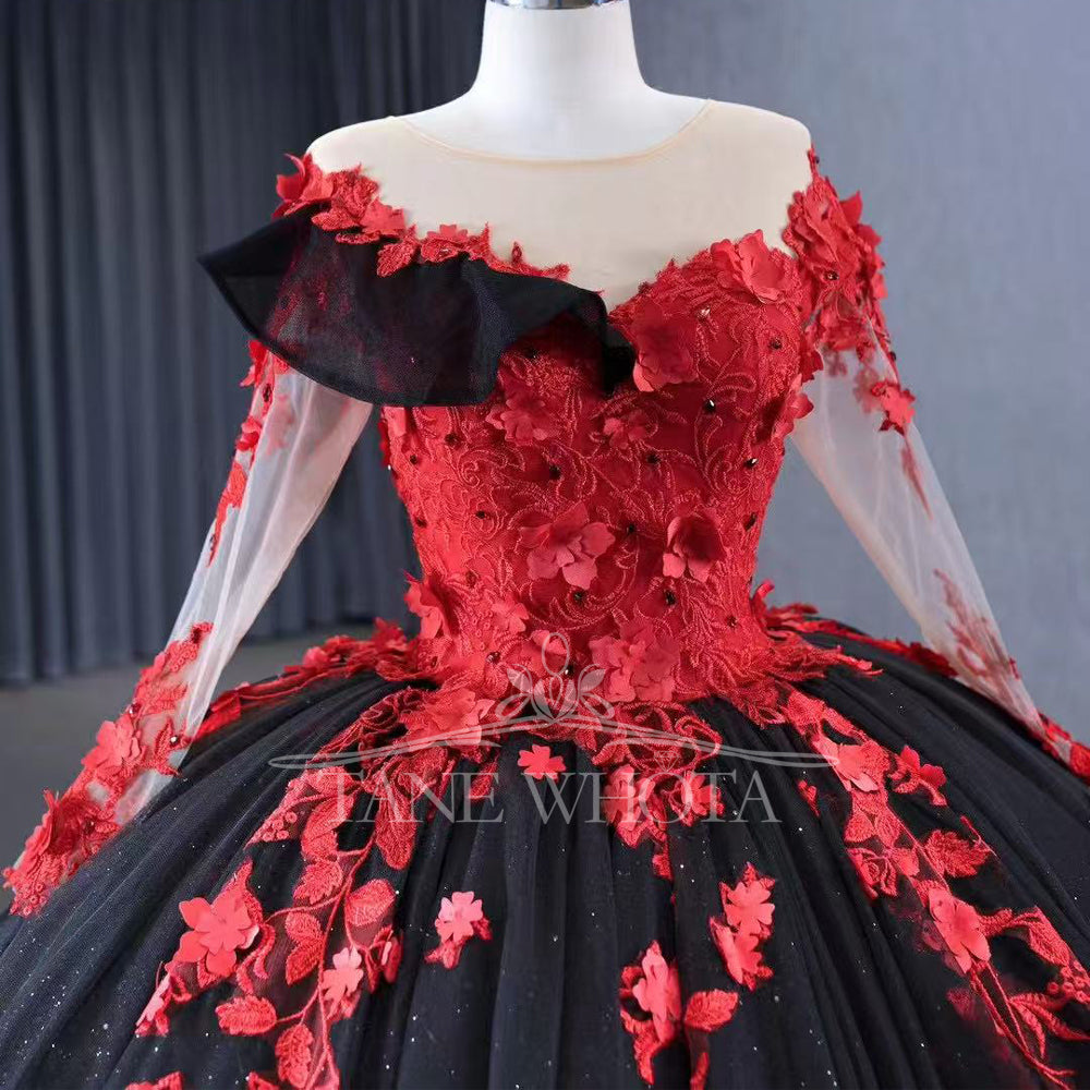 TW290 Quinceañera Dress O-Neck Long Sleeve Lace Up Back Beading Sequined Appliques Black and Red Ball Gown Flower Quinceanera Dress