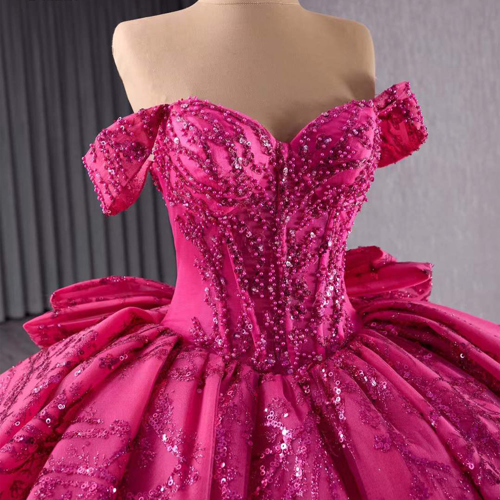 TW196 Vestidos 15 Años Quinceañera 2025 Luxury Off Shoulder Sweetheart Lace Up Back Rose Pink Beading Sequined Long Evening Dress