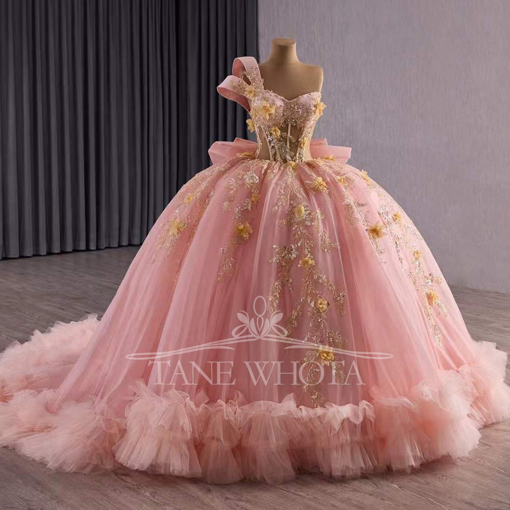 TW294 Vestido Quinceañera 2025 Luxury One Shoulder Sequins Lace Pink Ball Gown Flower Quinceanera Dress