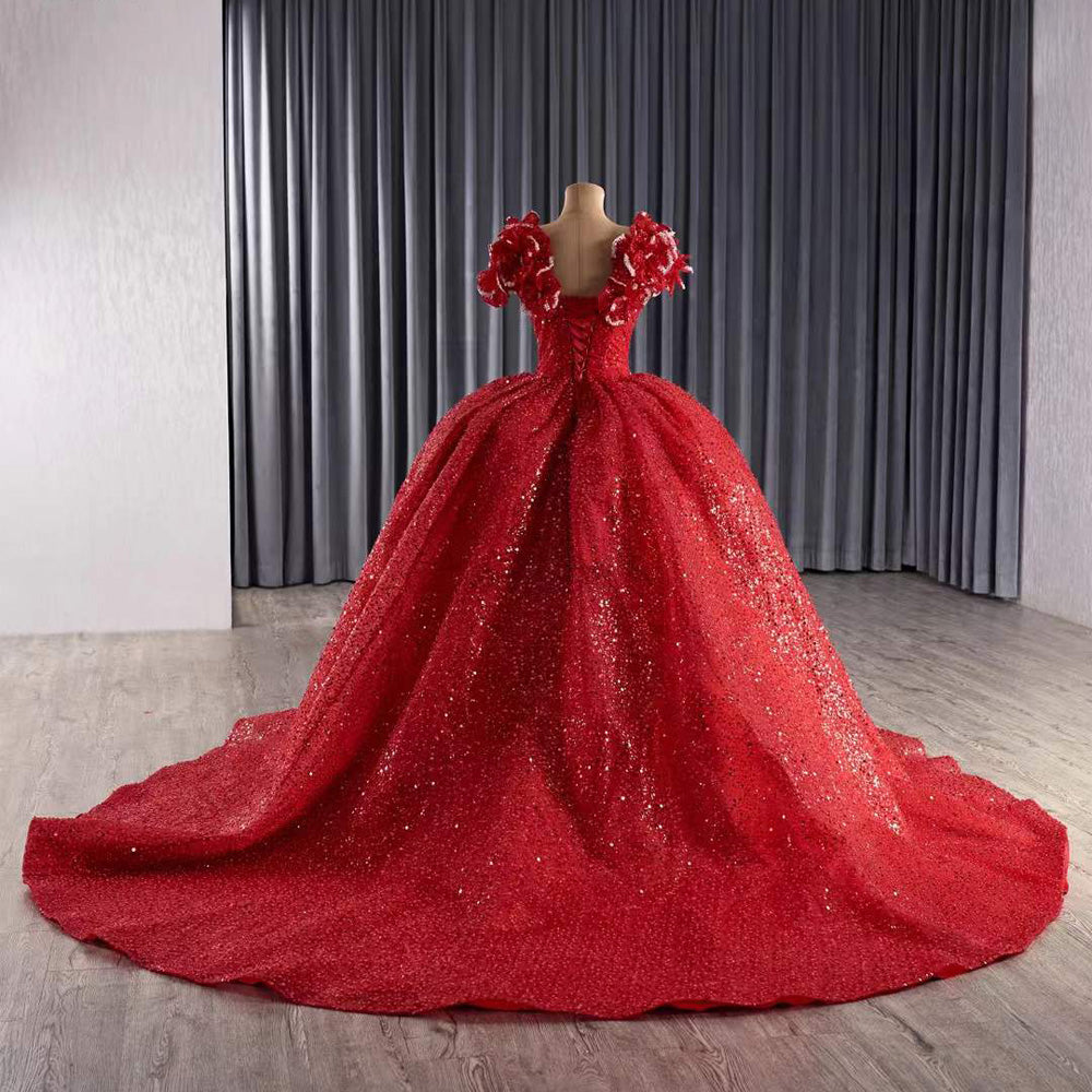 TW181 Vestidos De 15 Quinceañera 2025 Flower Lace Up Back Sequins Beading Red Bow Long Dress For Special Occasions